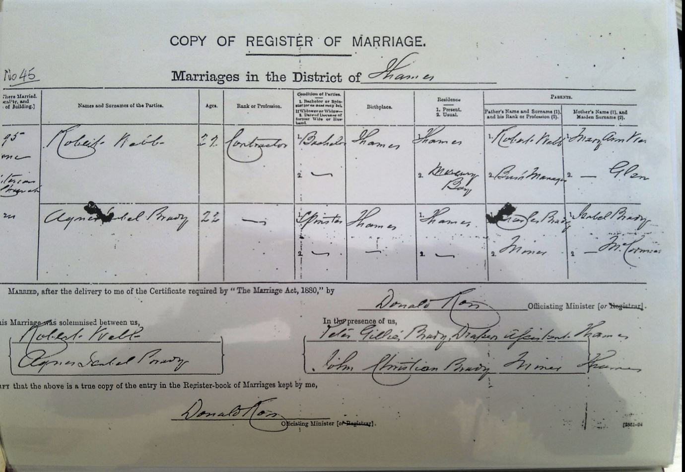 Robert Webb Brady Marriage 1895